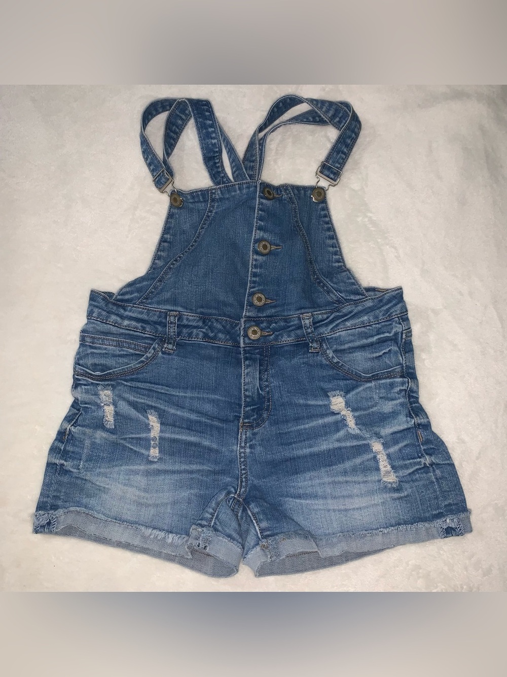 I & M Jeans short overalls bib distressed womens size L juniors stretchy